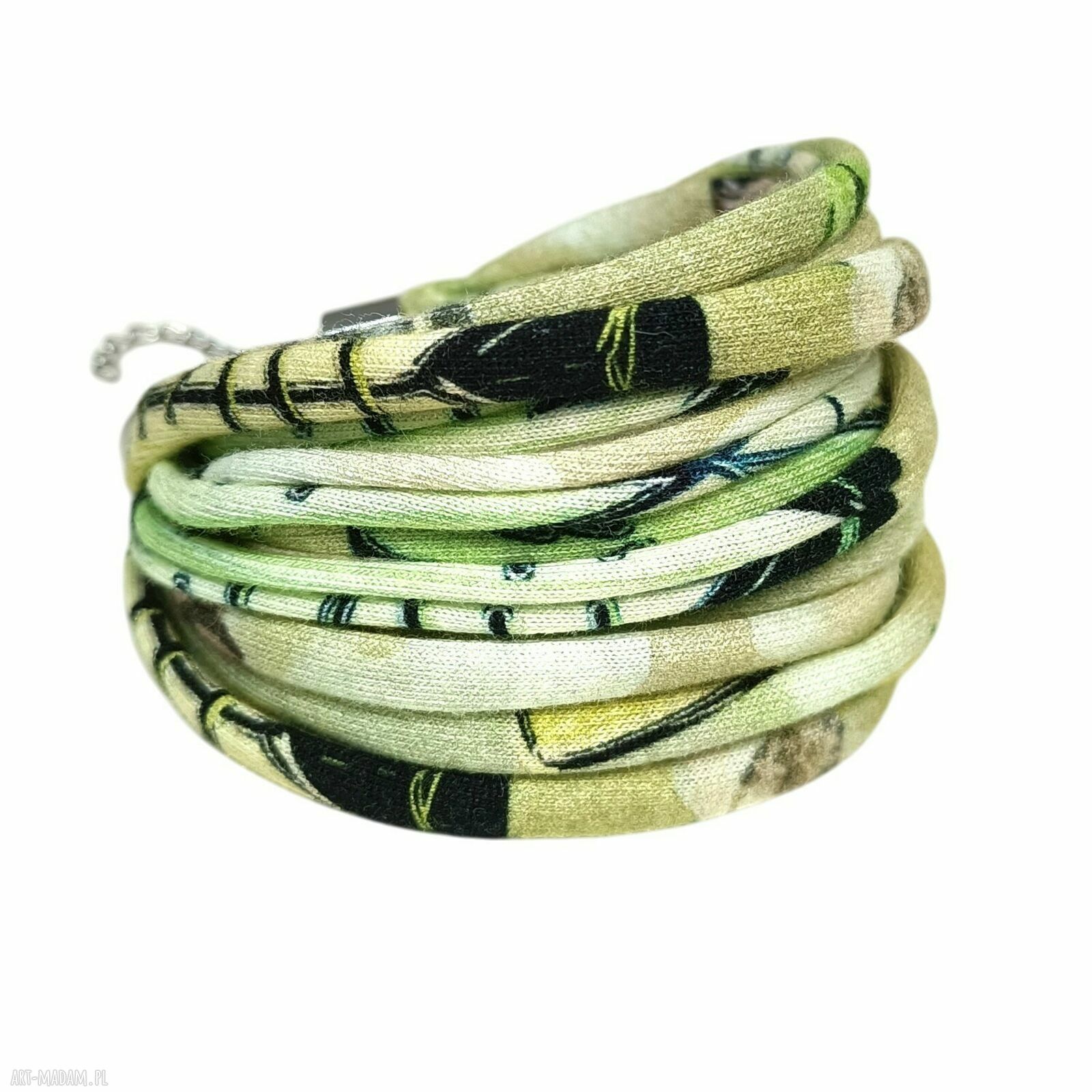 Szeroka bransoletka boho z bawełnianej dzianiny w kolorze oliwki (eco, zero waste)