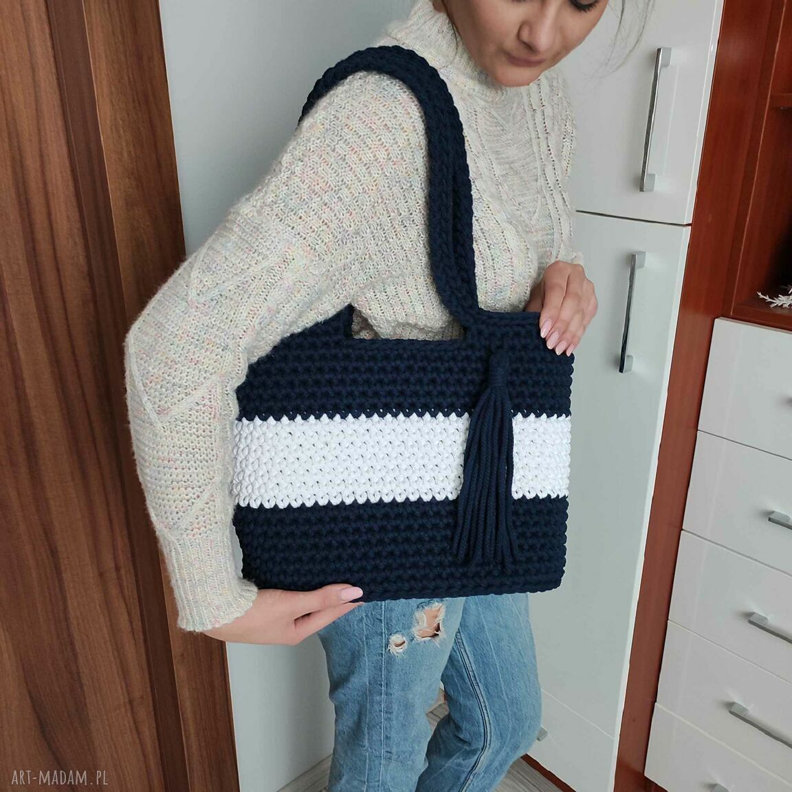 Torba ze sznurka 35x30 cm na ramię - handmade szydełkowanie
