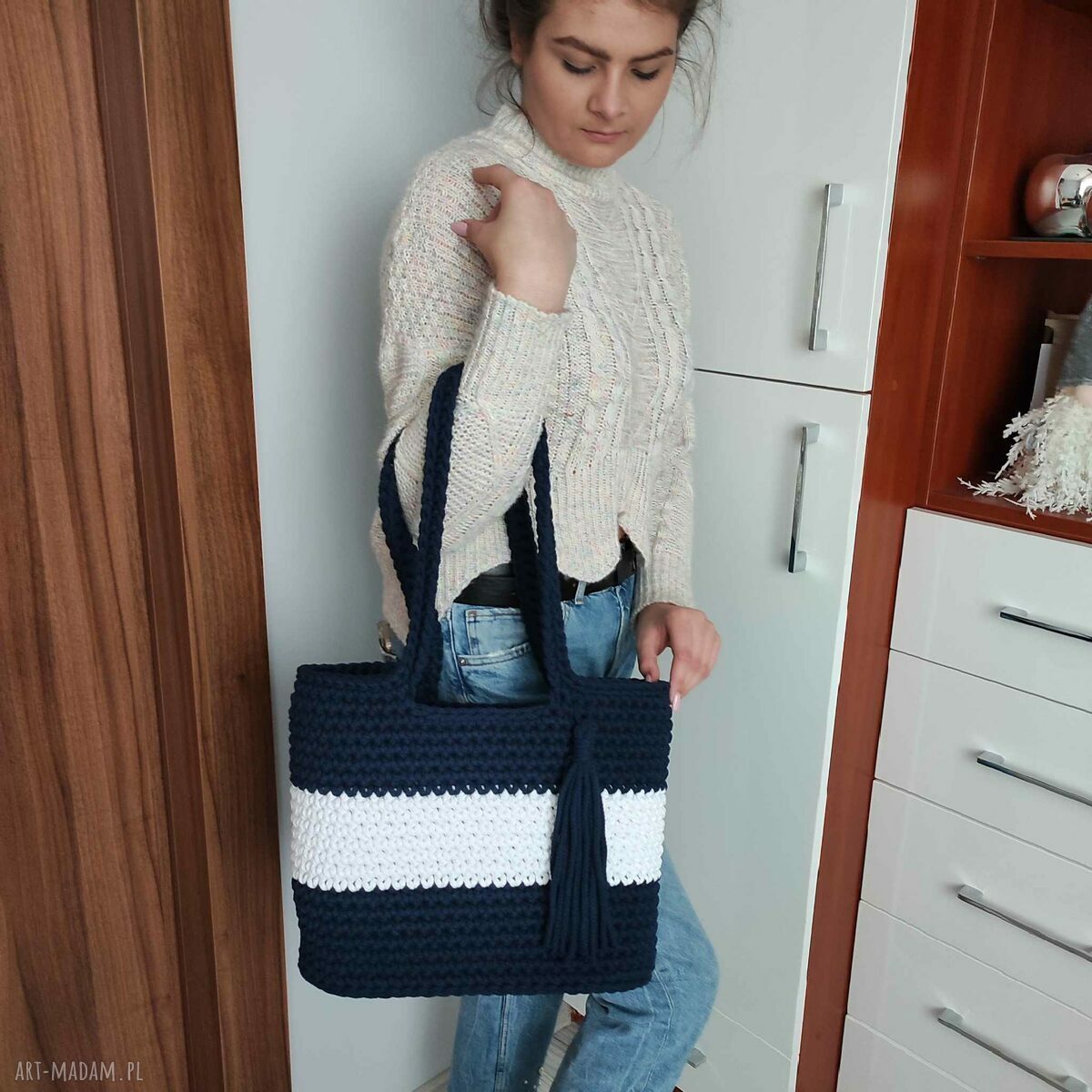 Torba ze sznurka 35x30 cm na ramię - handmade szydełkowanie
