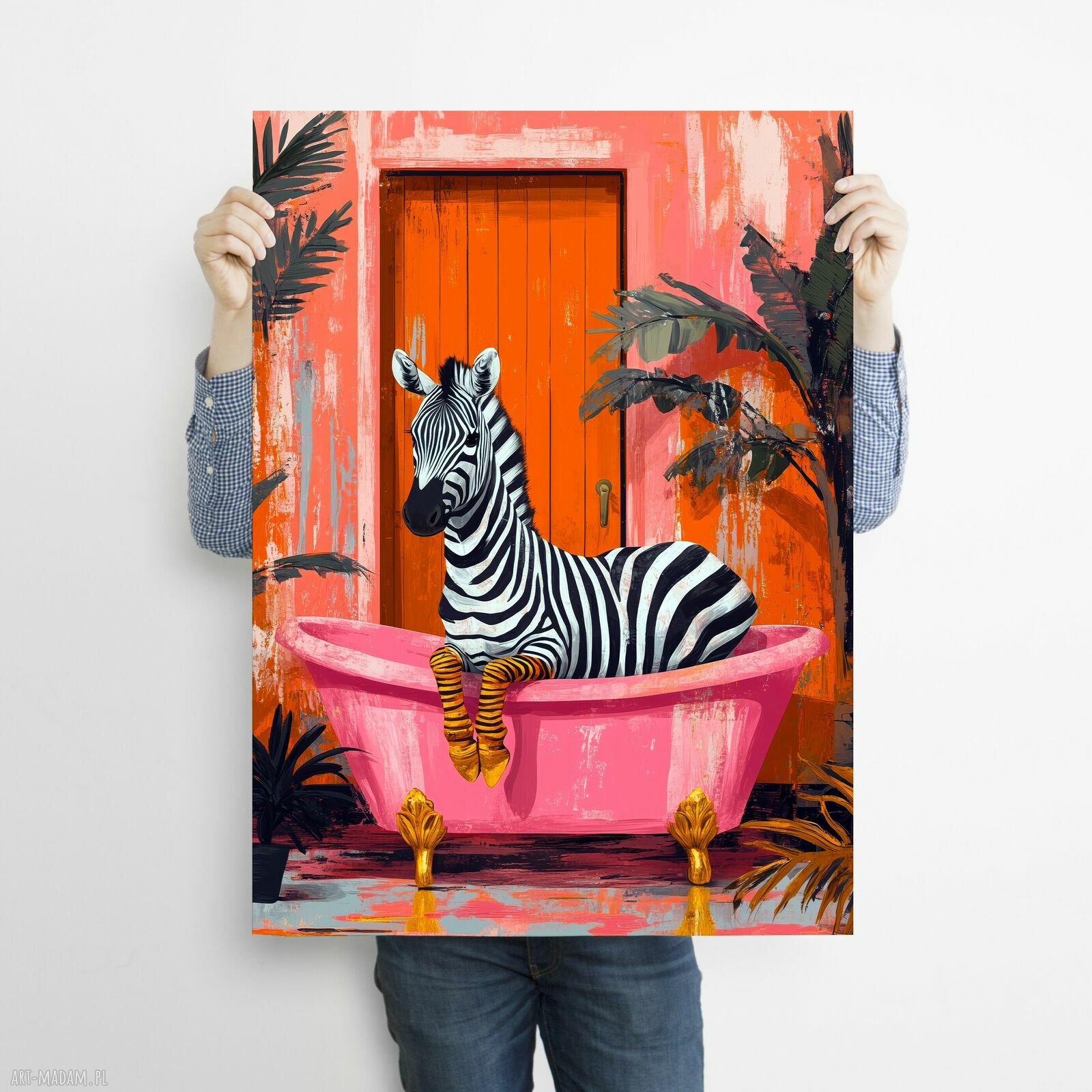 Zebra w różowej wannie - plakat A3 do łazienki