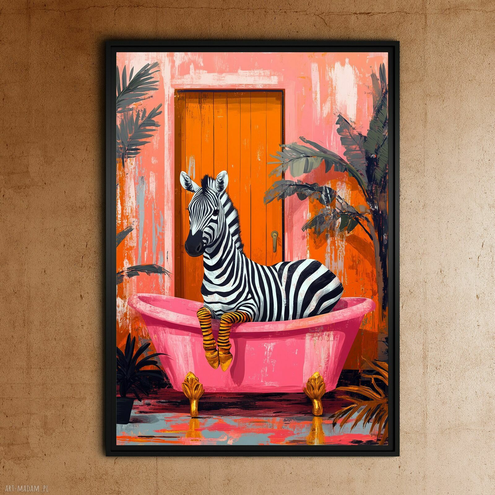 Zebra w różowej wannie - plakat A3 do łazienki