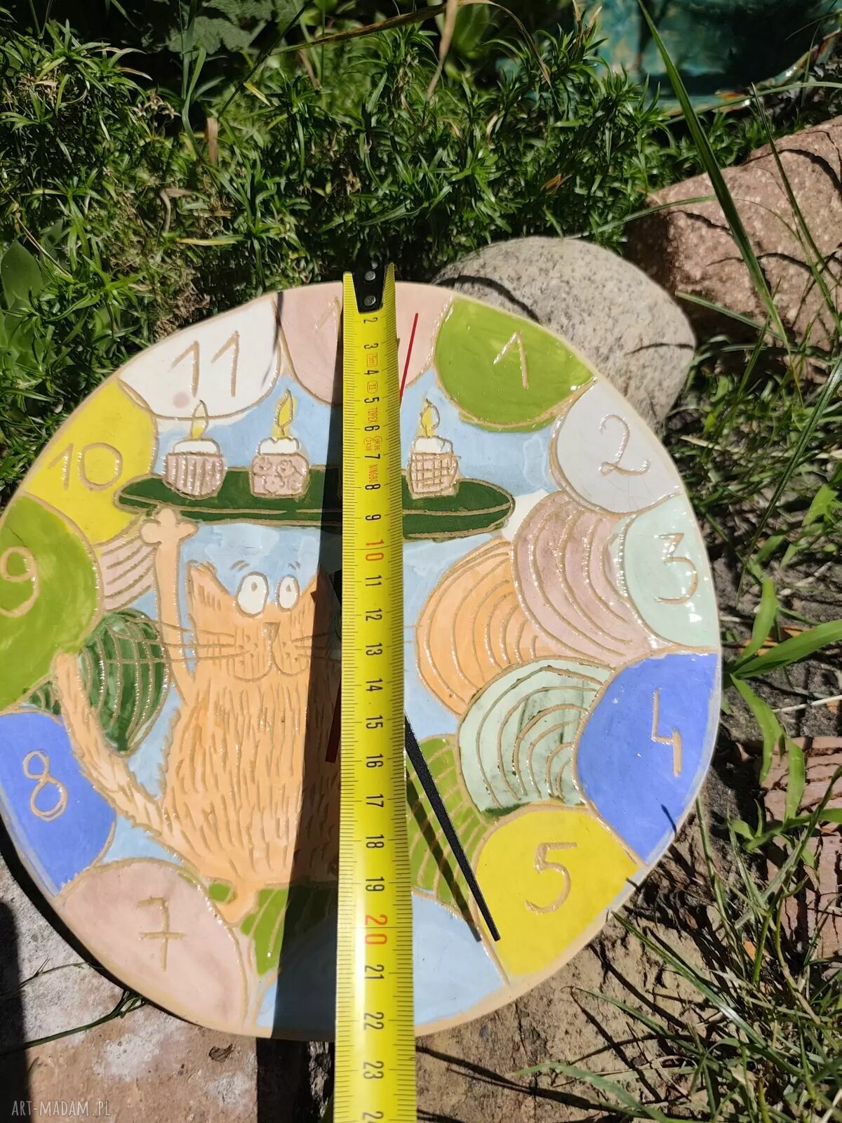 Ręcznie robiony kolorowy zegar ceramiczny z kotem