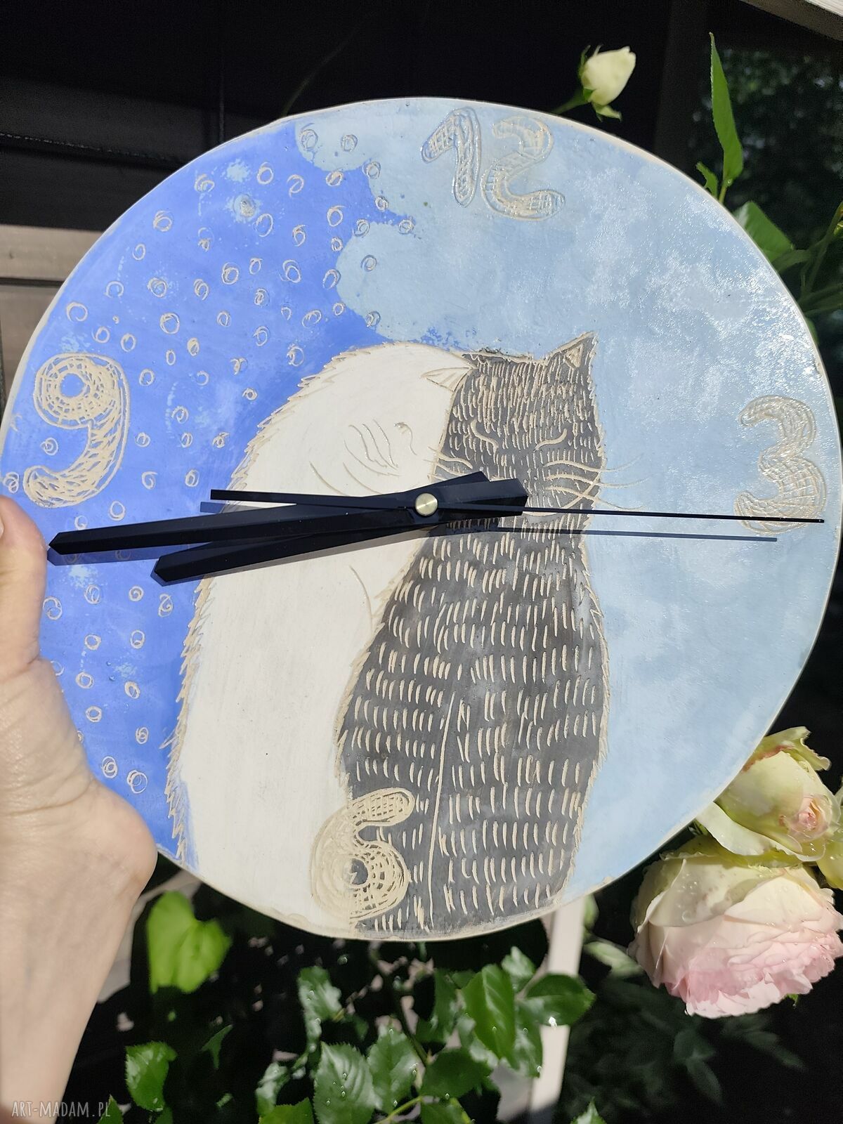 Zegar ceramiczny z kotami - ręcznie robiony Wolna Chwila