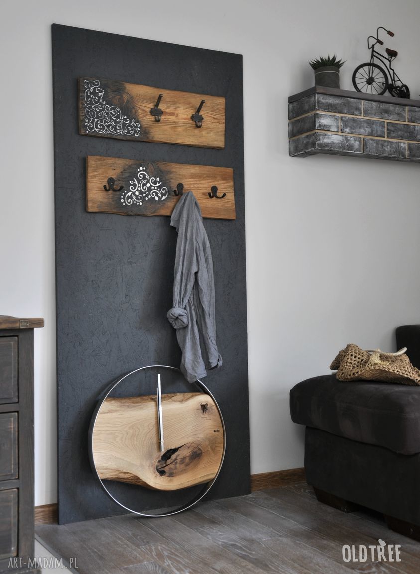 Zegar LOFT dębowy duży 55 cm w stalowej obręczy