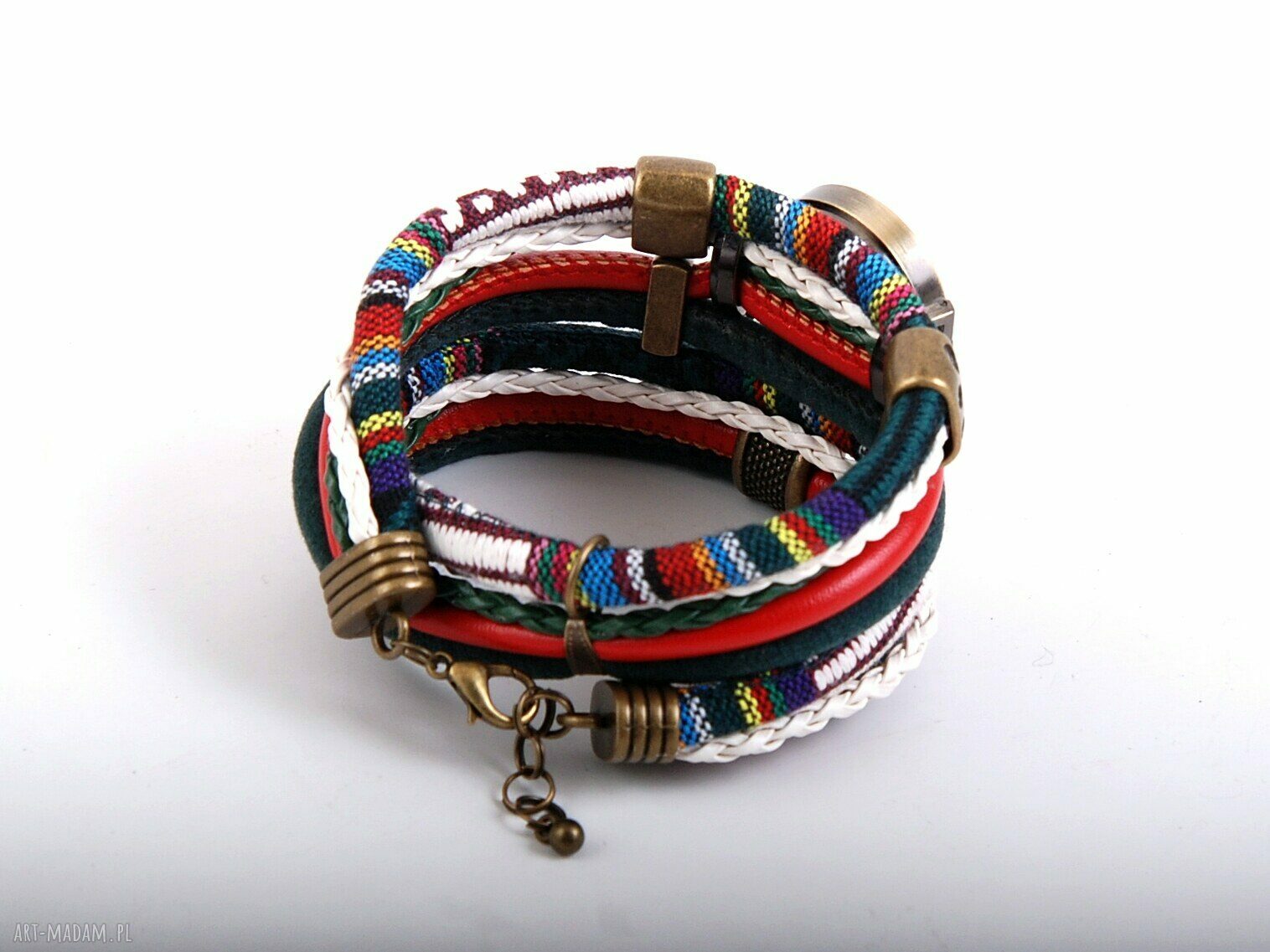 Zegarek-bransoletka w stylu boho zielono-czerwony z zawieszką