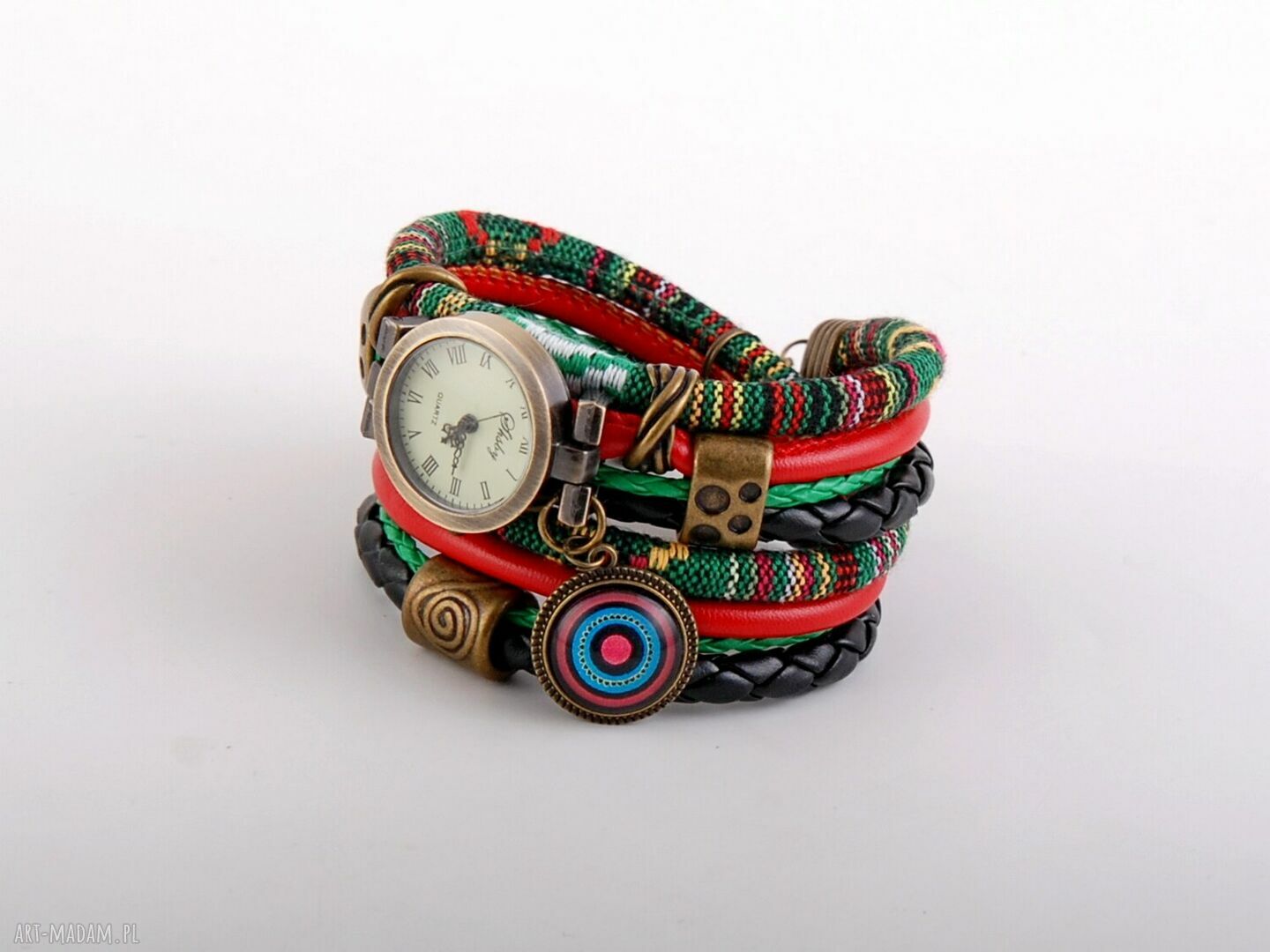 Boho zegarek bransoletka zielono-czarno-czerwony z zawieszką