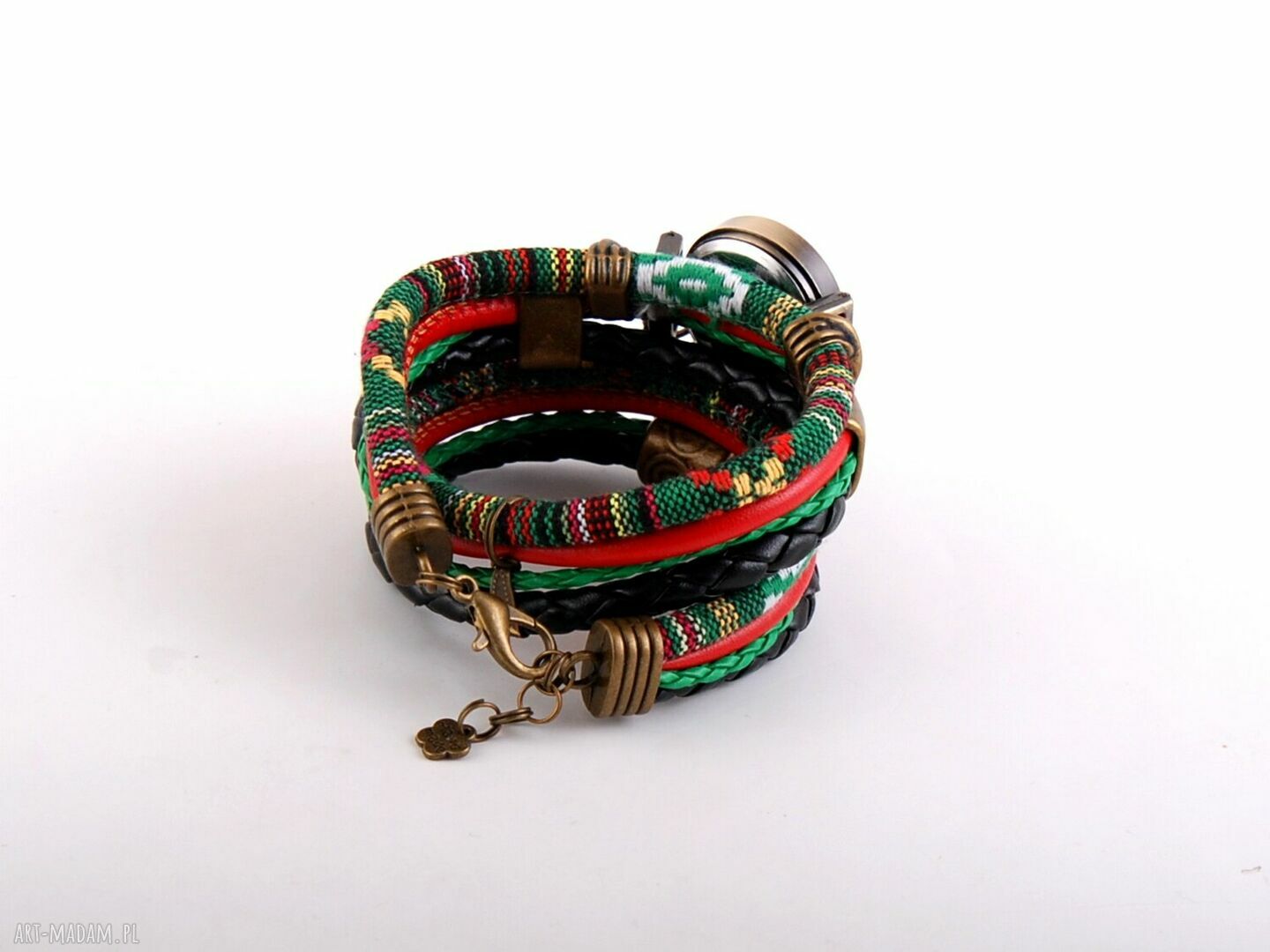 Boho zegarek bransoletka zielono-czarno-czerwony z zawieszką