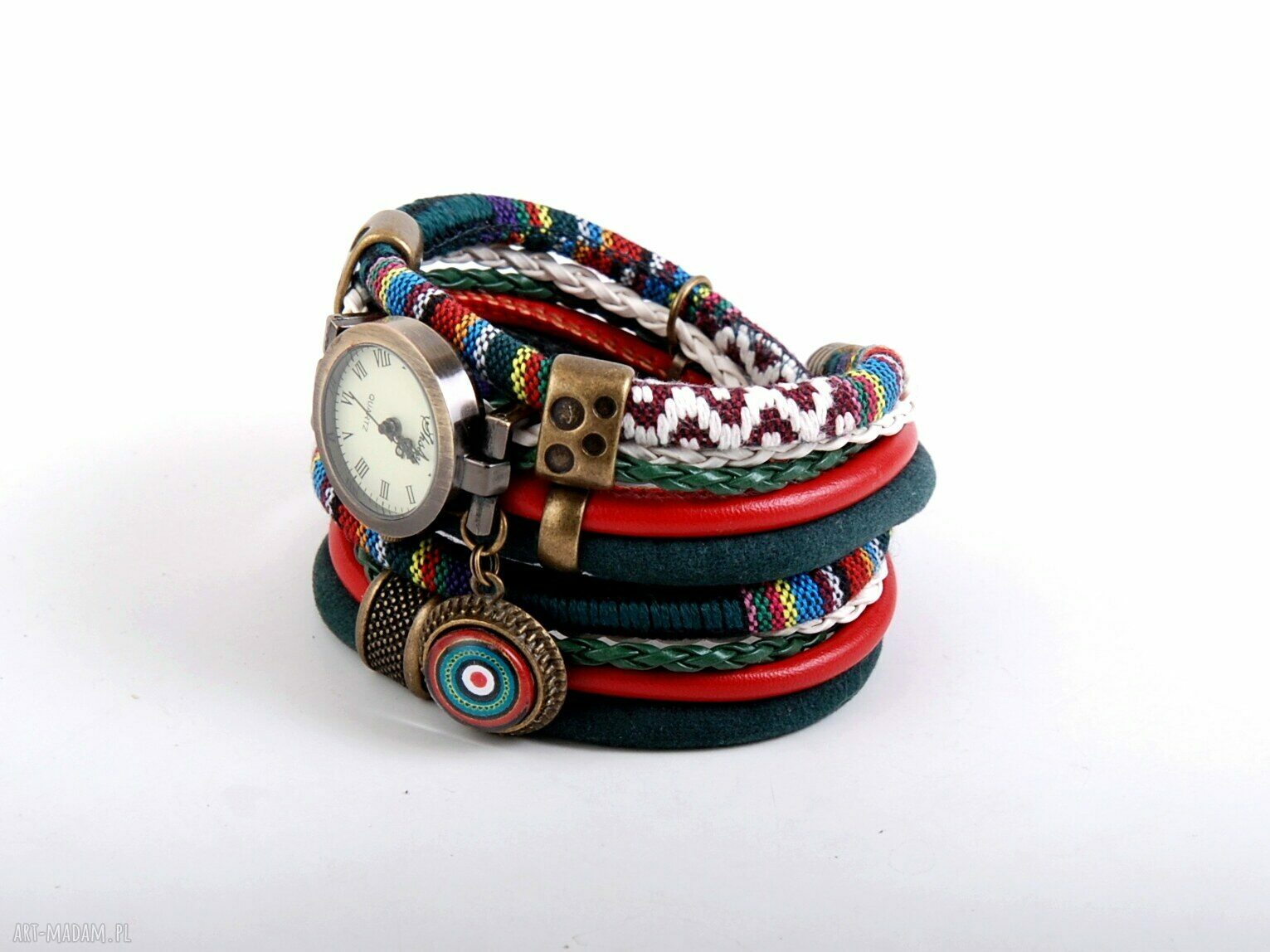Zegarek-bransoletka w stylu boho zielono-czerwony z zawieszką