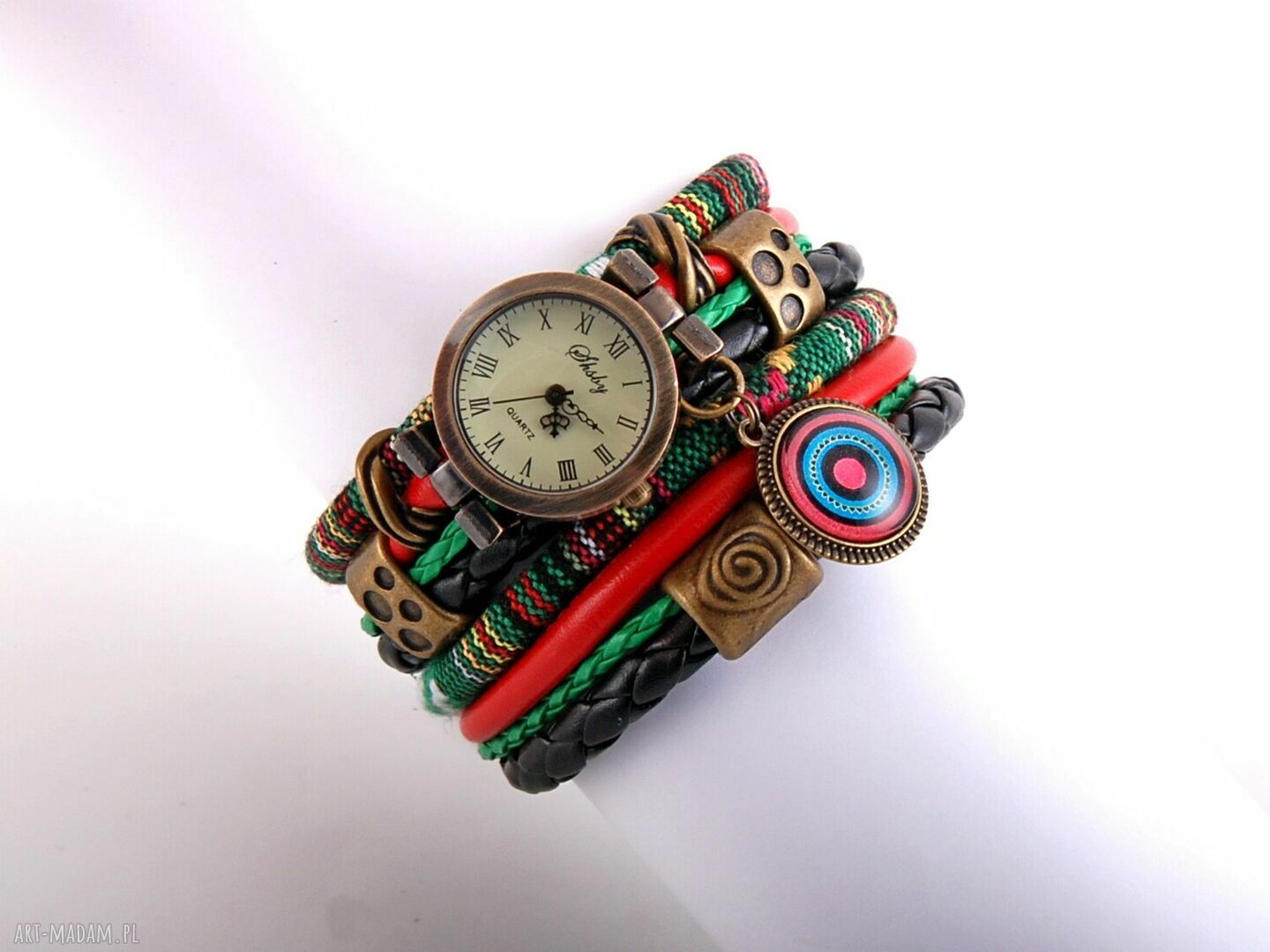 Boho zegarek bransoletka zielono-czarno-czerwony z zawieszką