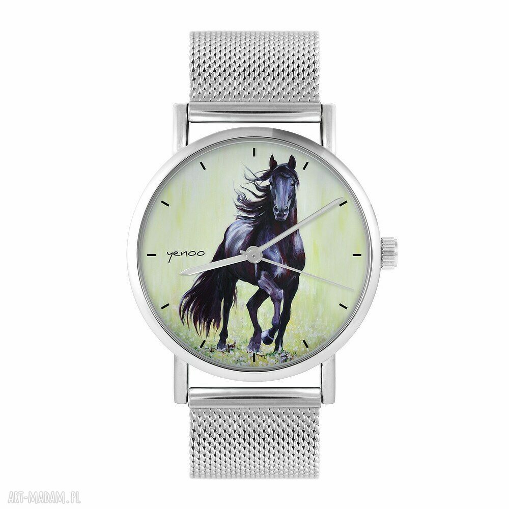 Zegarek metalowy - Czarny koń malowany - bransoleta mesh