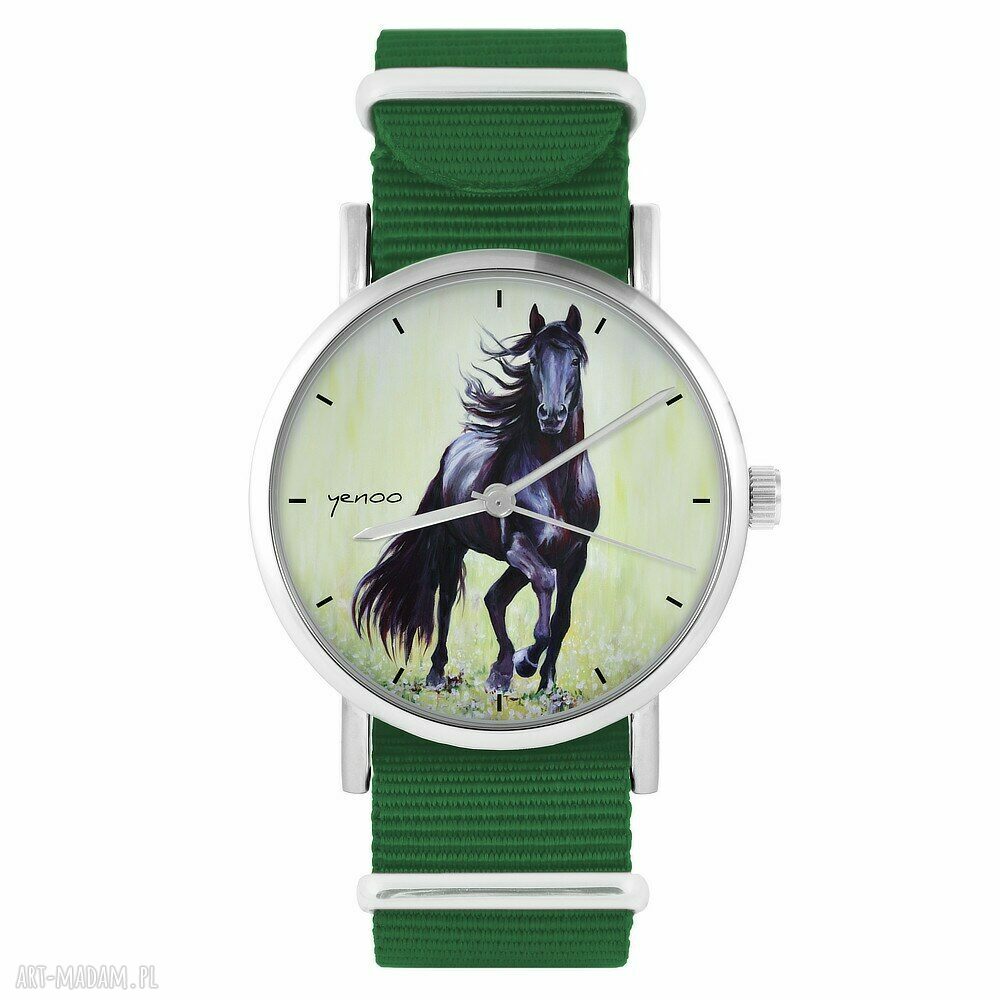 Zegarek handmade z czarnym koniem - zielony nylonowy pasek