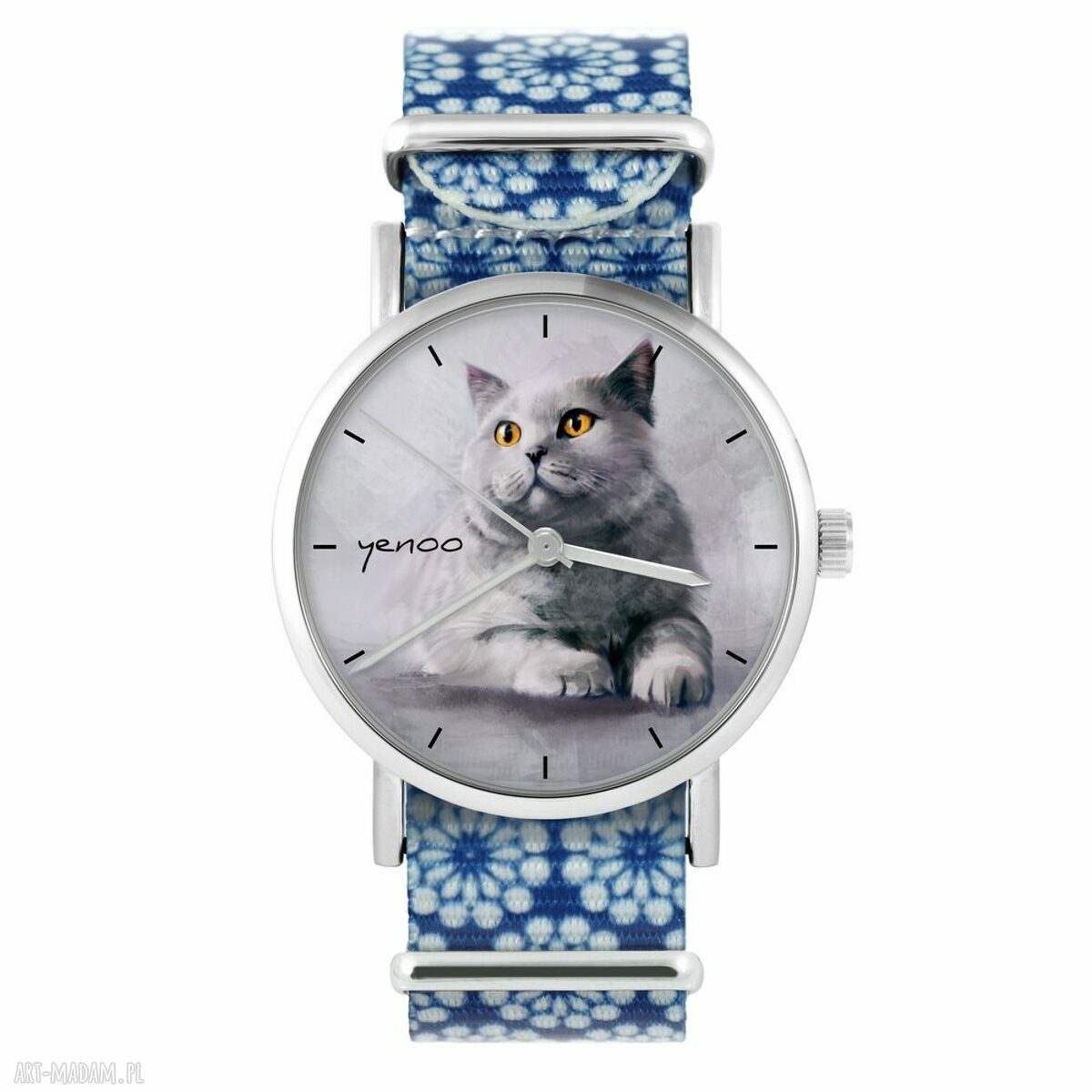 Zegarek handmade - Kot brytyjski w niebieskich kwiatach na nylonowym pasku