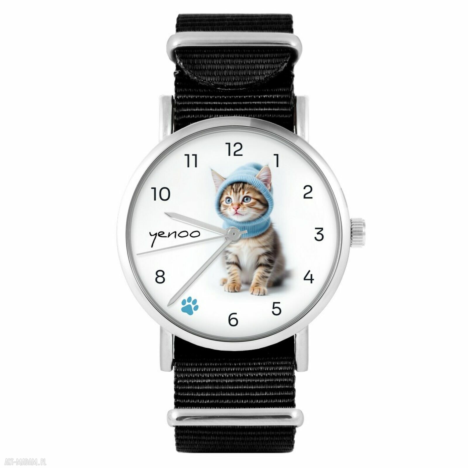 Zegarek Kotek Czarny Nylonowy - handmade z paskiem NATO