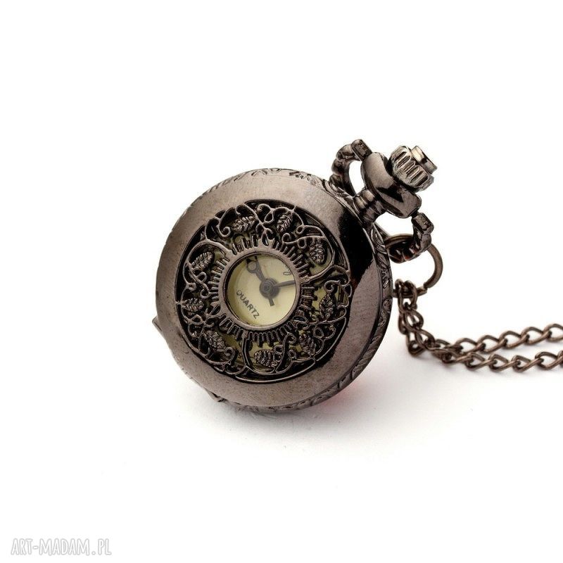 Zegarek-wisiorek Listki Black - handmade z japońskim mechanizmem kwarcowym
