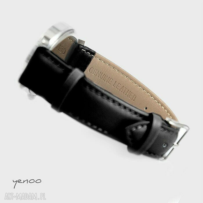 Zegarek yenoo - Simple Elegance - biały - czarny pasek, skórzany