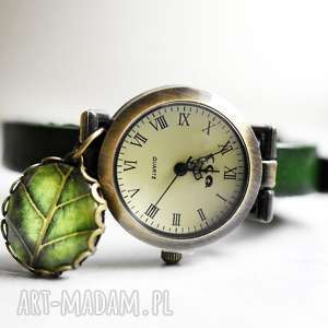zegarek z prawdziwej skóry liść - skórzany, zieleń
