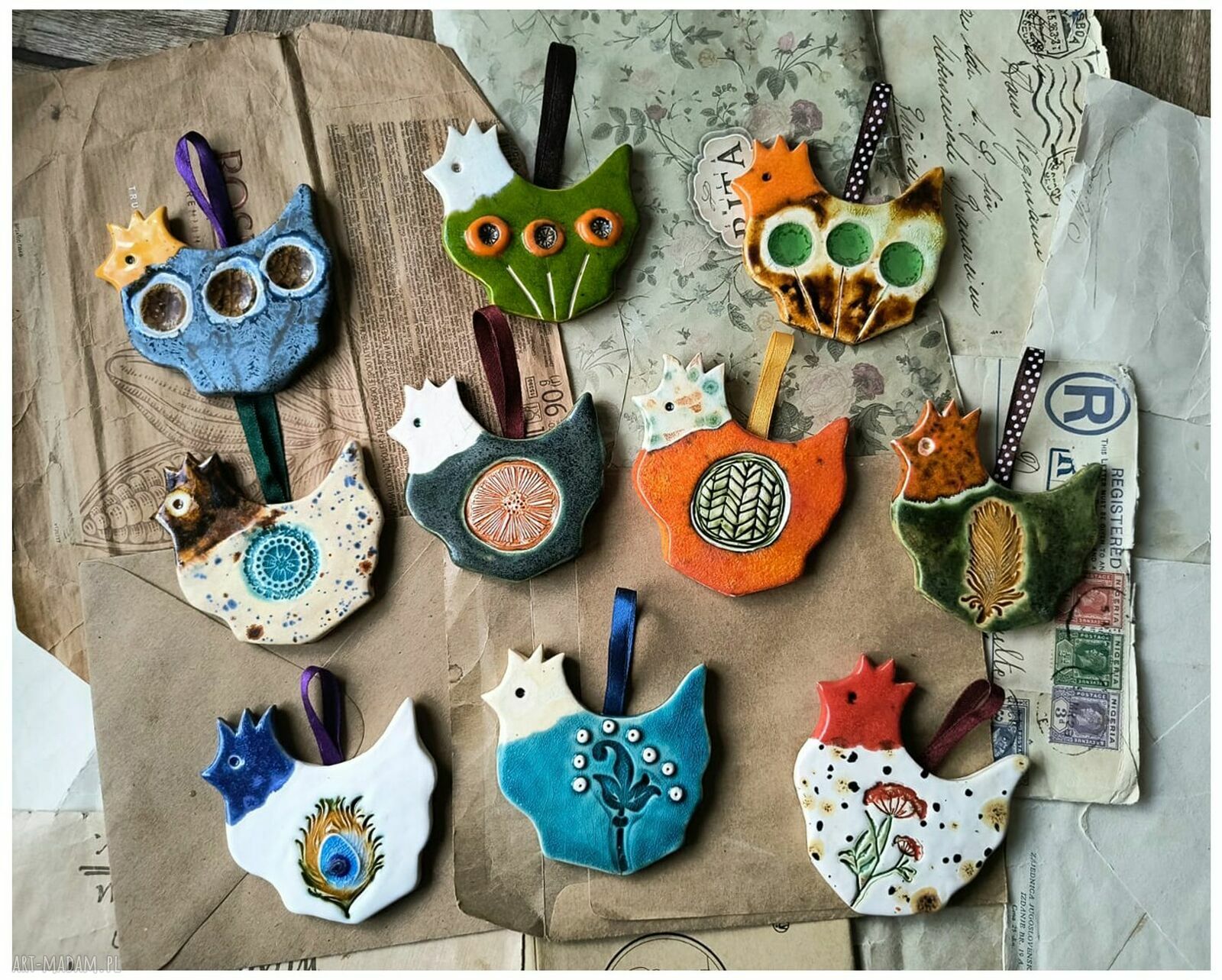 Zestaw 10 kurek z ceramiki handmade - kolorowe ozdoby do zawieszenia