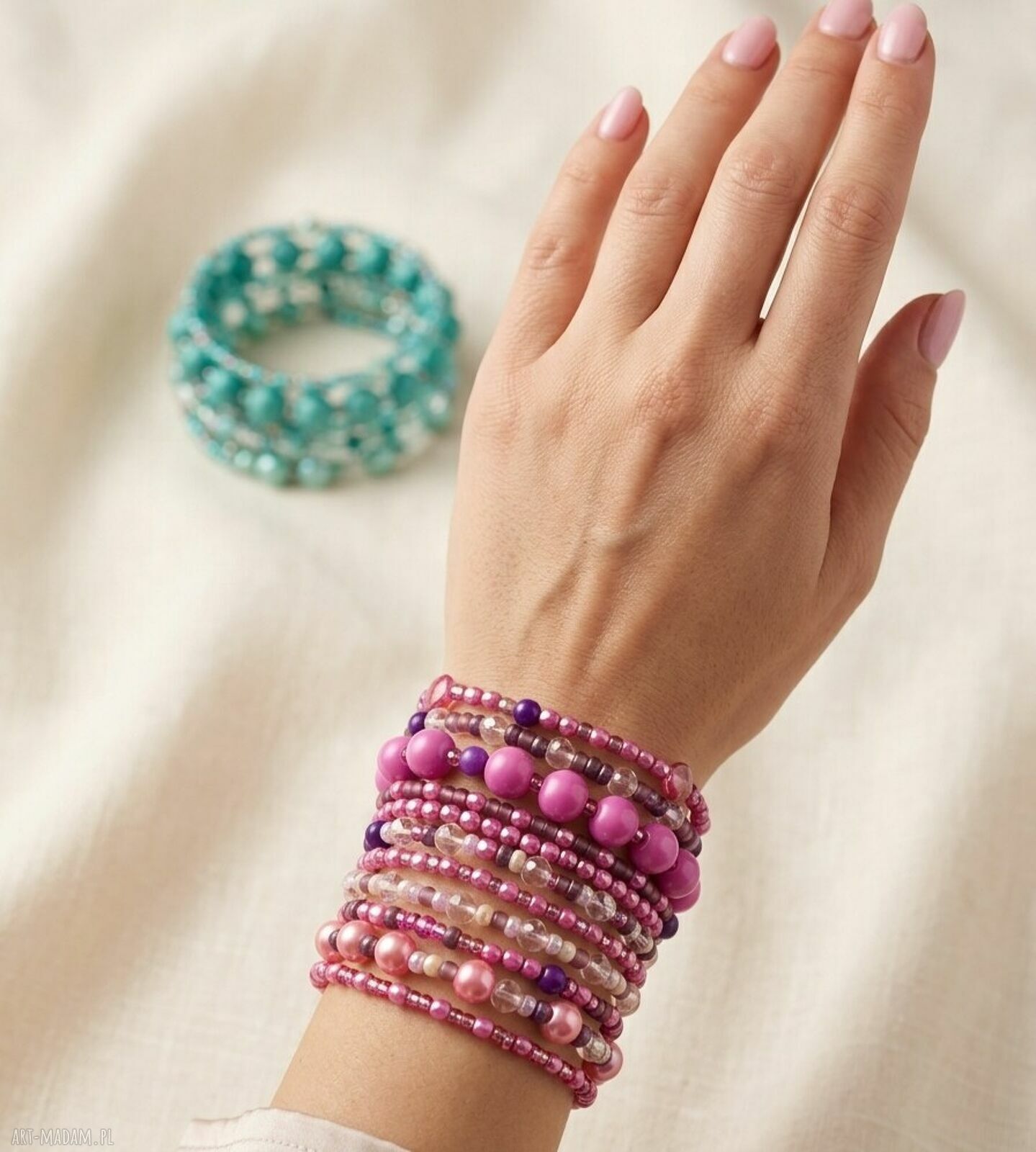 Zestaw 11 bransoletek koralikowych Boho - róż i fiolet
