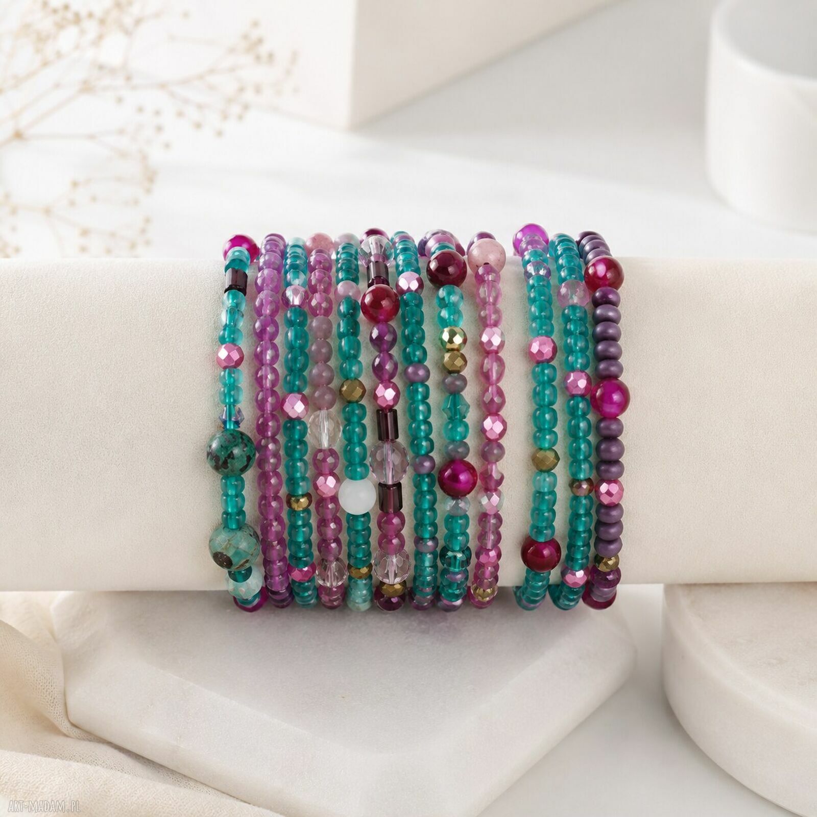 Zestaw 11 bransoletek mocy - jadeit, turkus i kwarc handmade