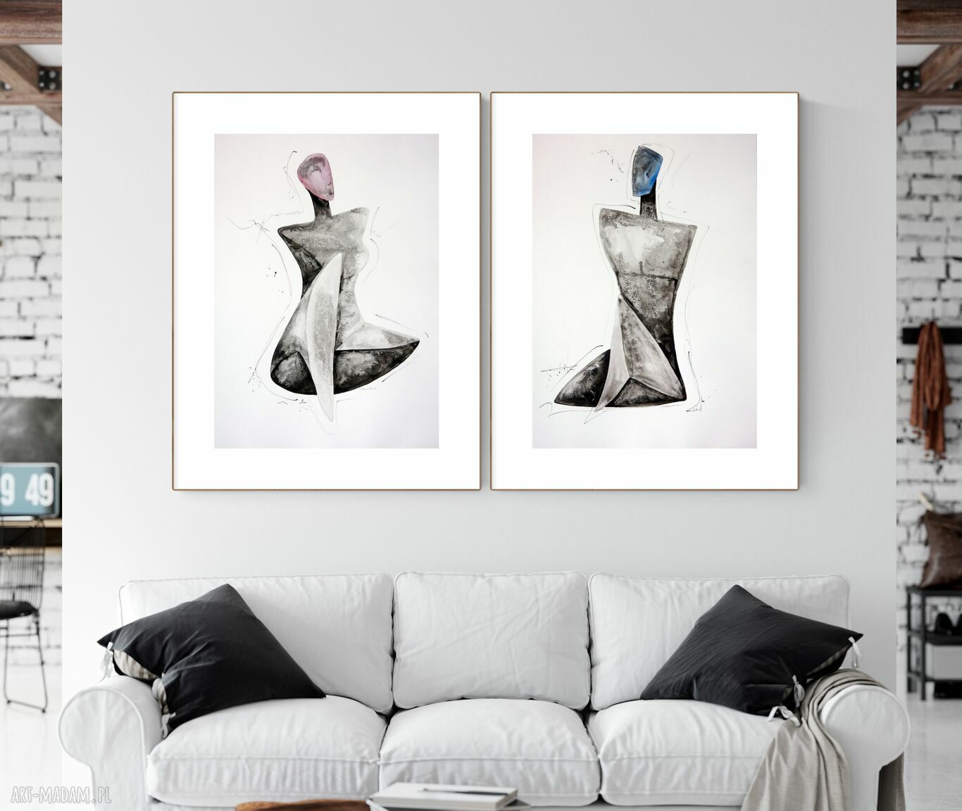 Zestaw 2 grafik skandynawskich 50x70 cm - ręcznie malowane tuszem, czarno-białe