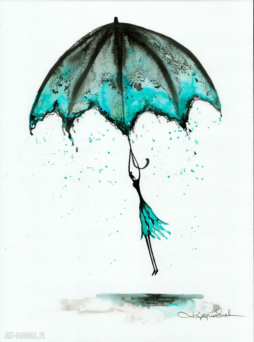 Zestaw 2 grafik 30 x 40 cm ręcznie malowanych - turkusowy parasol