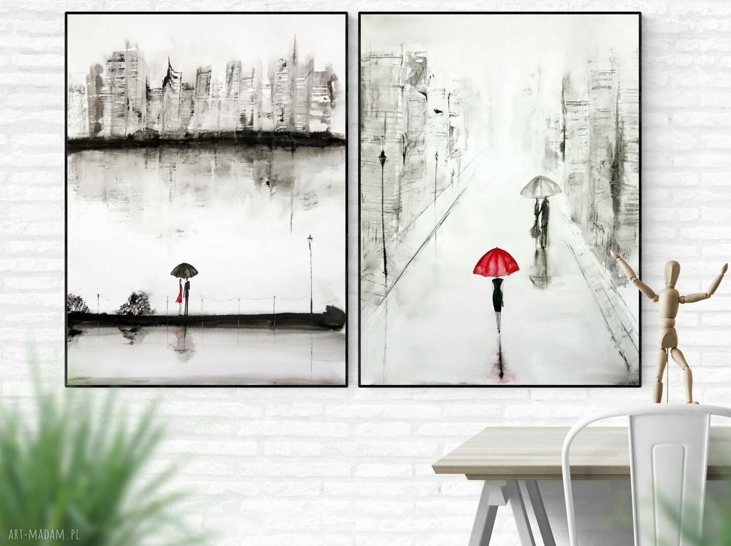 Zestaw 2 obrazów 60x80 cm - czarno-biała abstrakcja Rain, ręcznie wykonane tuszem