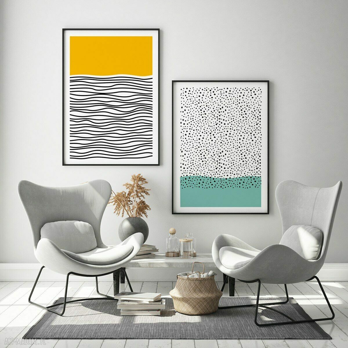 Zestaw 2 abstrakcyjnych plakatów Touch of sun i Mint 40x50 cm (turkus i żółty)