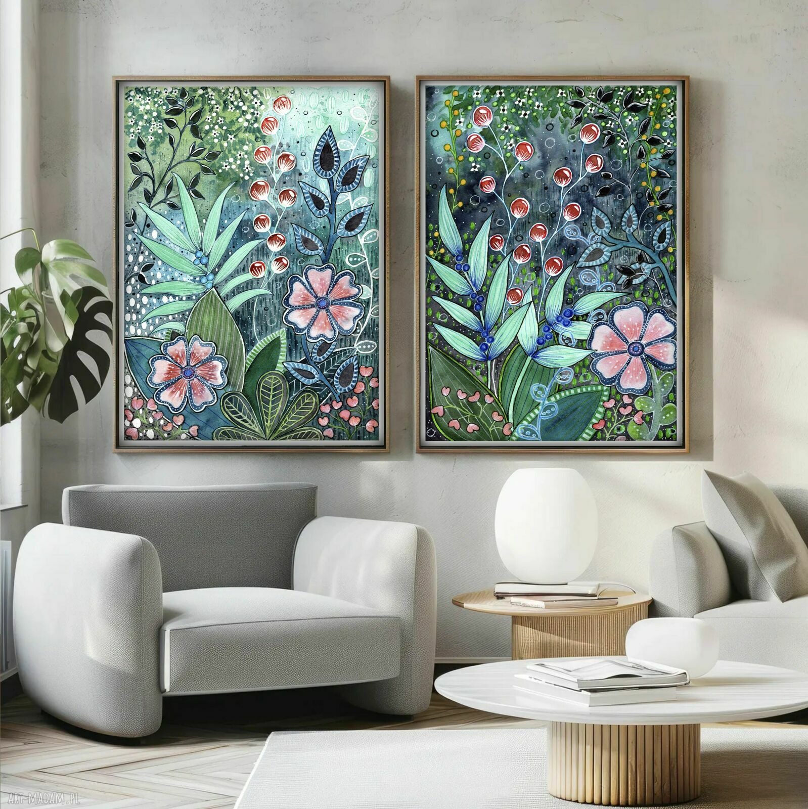 Zestaw 2 grafik 50x70 cm - Łąka i kwiaty