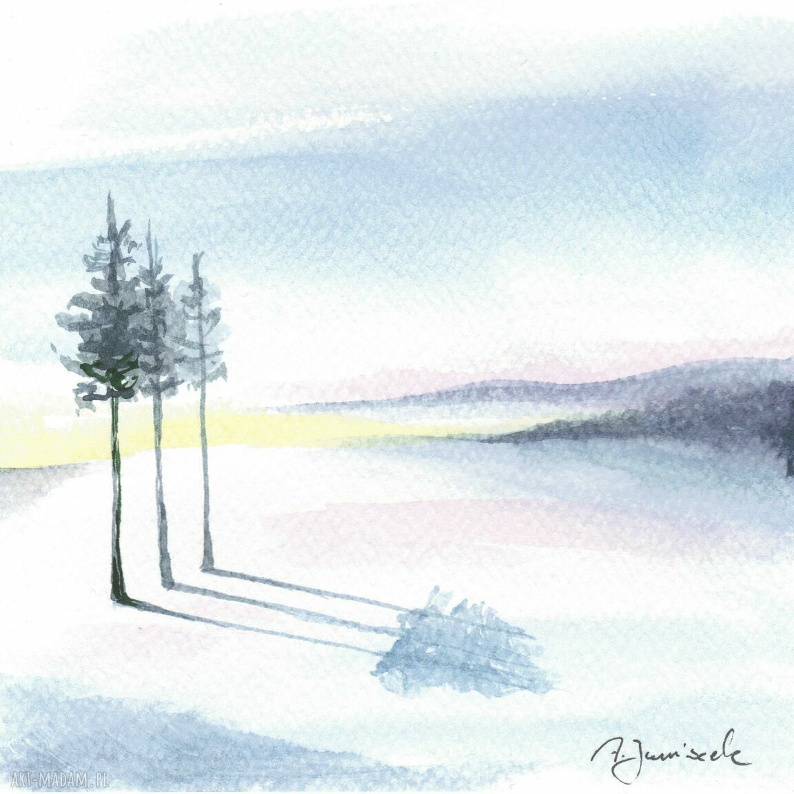 Tryptyk - zestaw 3 akwareli Zima (3x15x15 cm) - ręcznie malowany