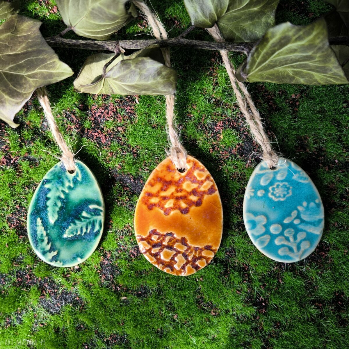 Zestaw 3 kolorowych mini pisanek - zawieszki ceramiczne
