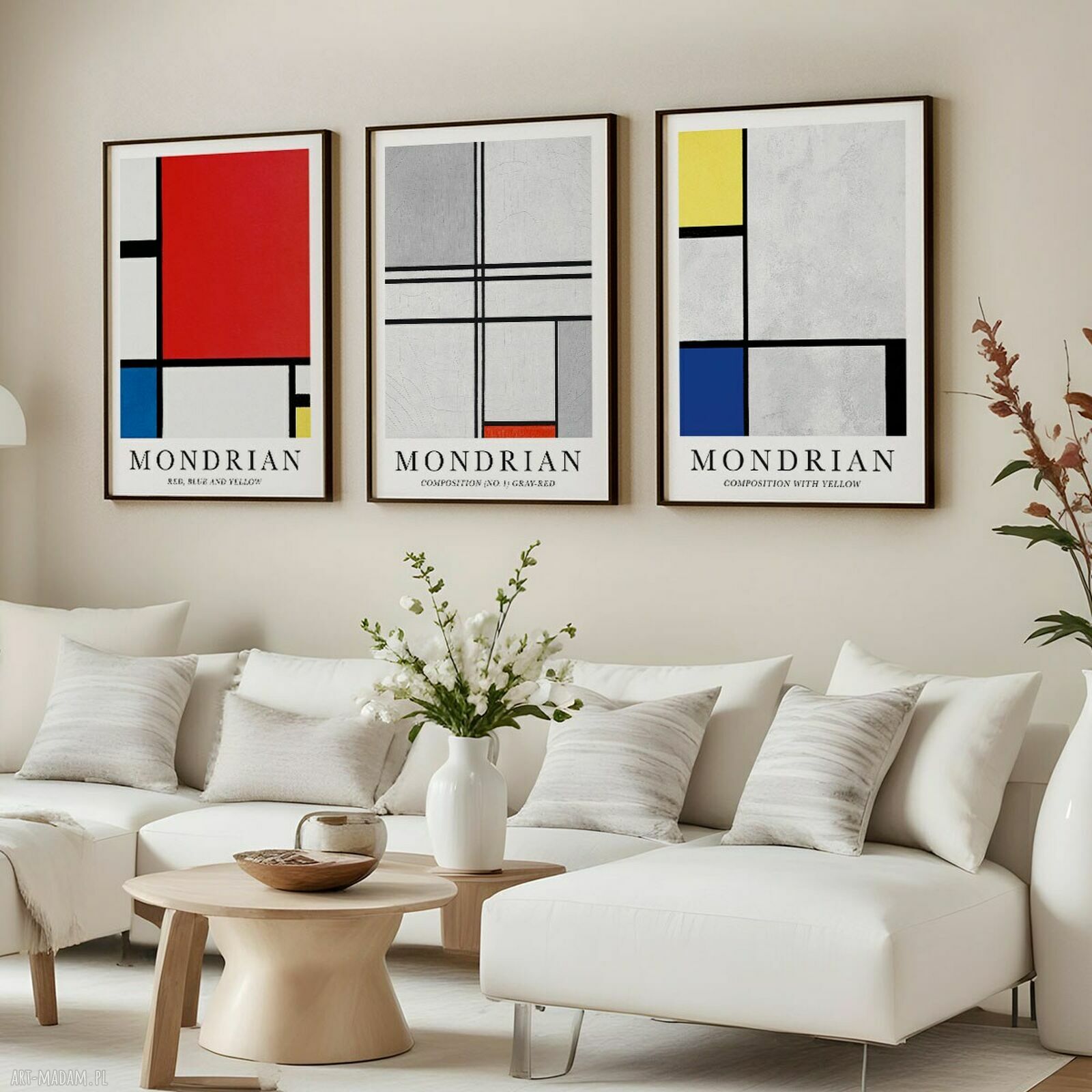 Zestaw 3 plakatów a la Mondrian w formacie A4 - minimalistyczna geometria na ścianę