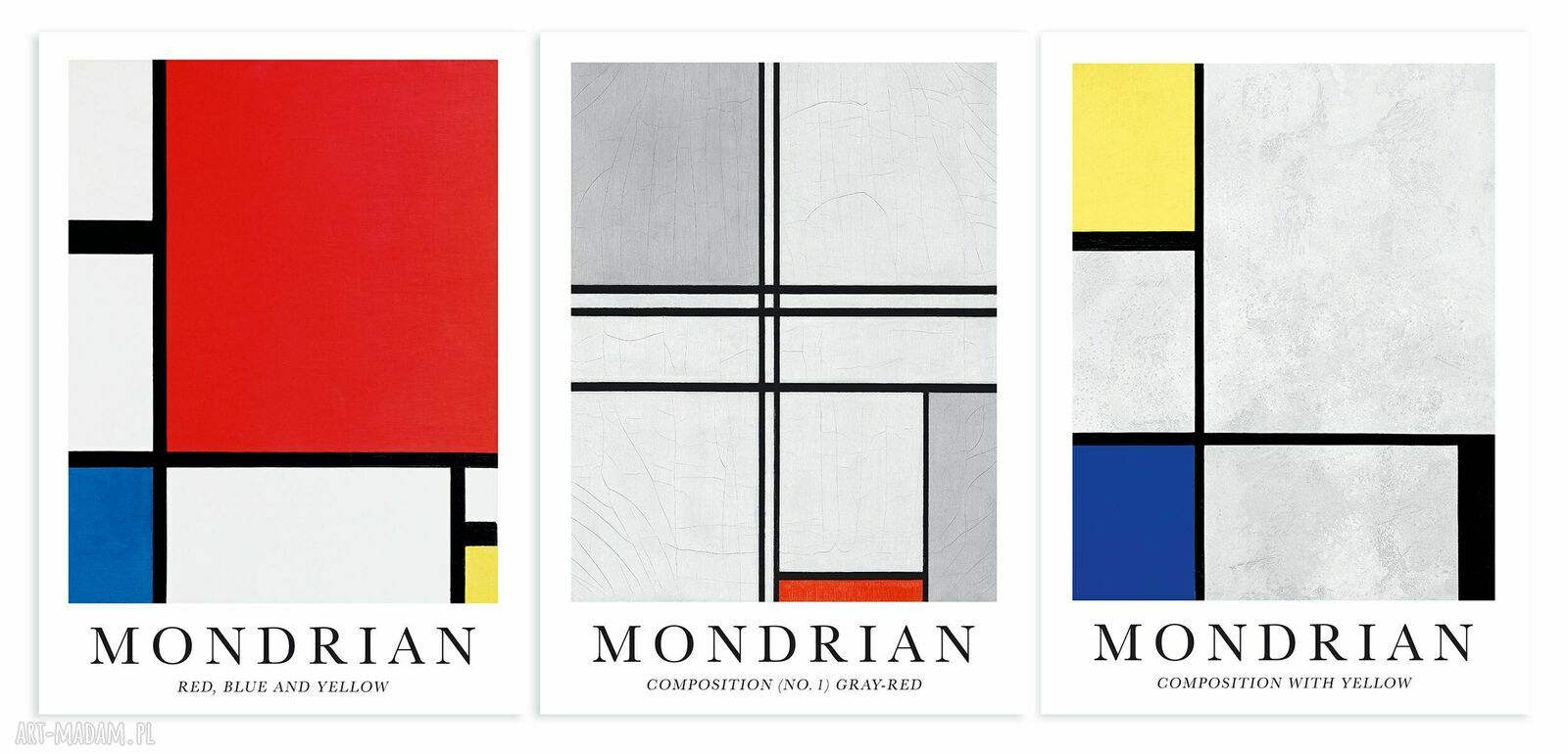 Zestaw 3 plakatów a la Mondrian w formacie A4 - minimalistyczna geometria na ścianę