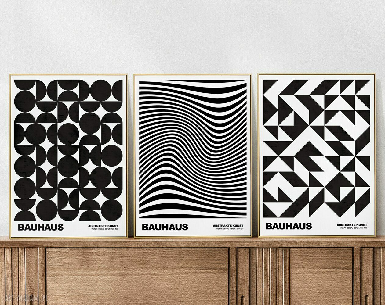Zestaw 3 plakatów geometria Bauhaus - czarno-białe A4