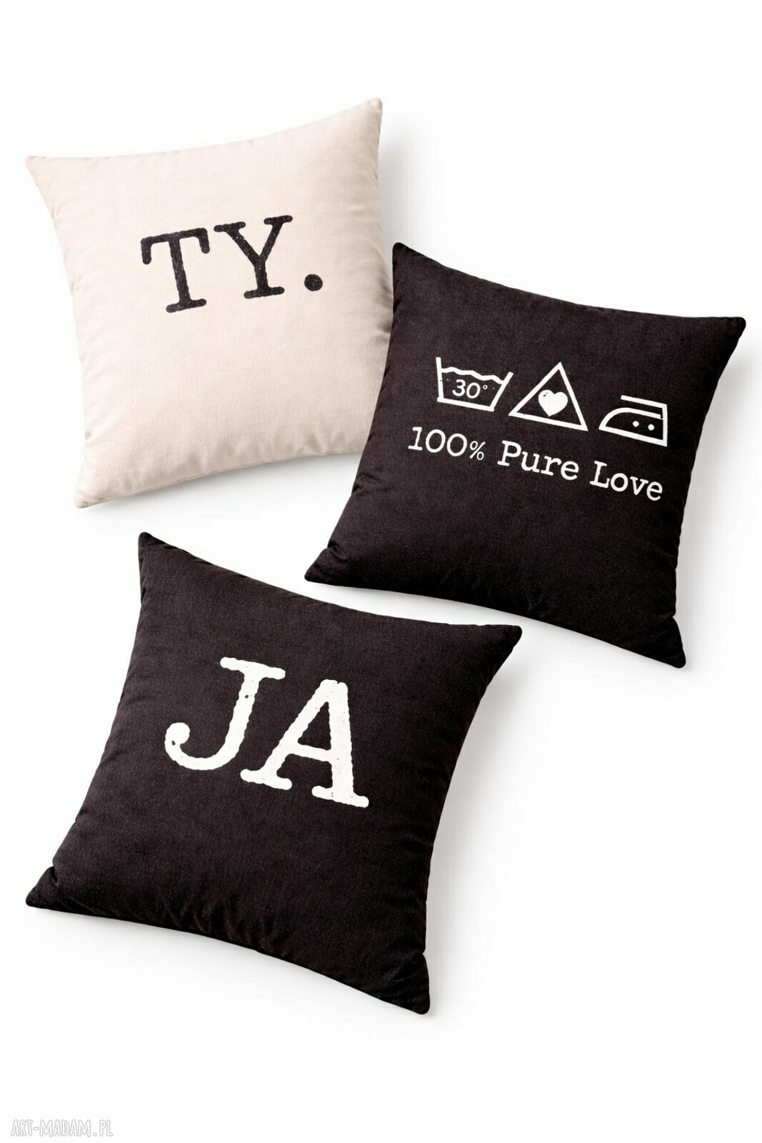 Zestaw 3 poszewek „TY / JA / 100% Pure Love” 40x40 - poduszki dla pary