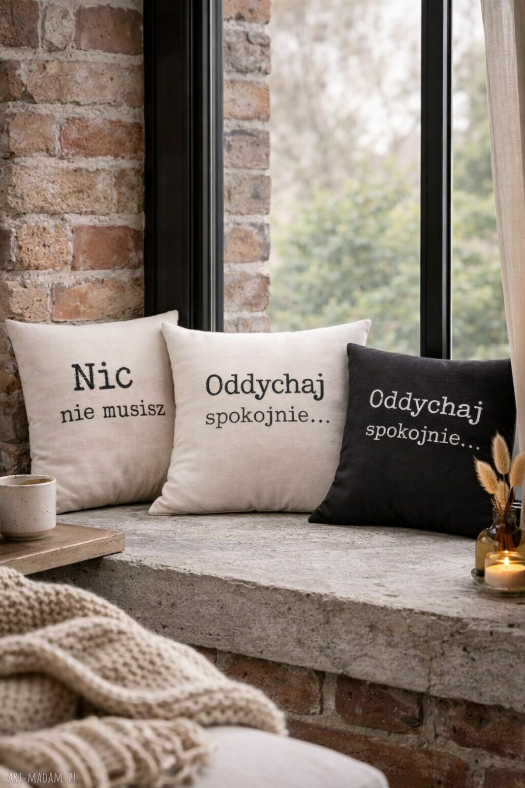 Zestaw 3 poszewek 40x40 'Nic nie musisz - odpuść - Oddychaj spokojnie'