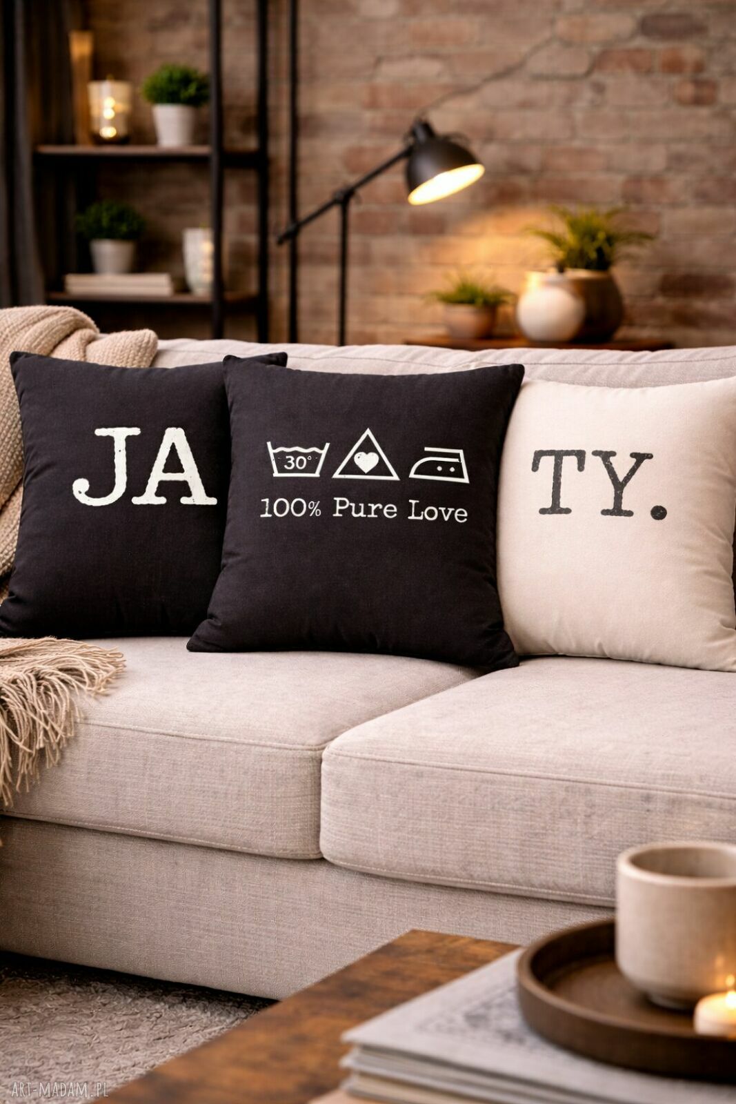 Zestaw 3 poszewek „TY / JA / 100% Pure Love” 40x40 - poduszki dla pary