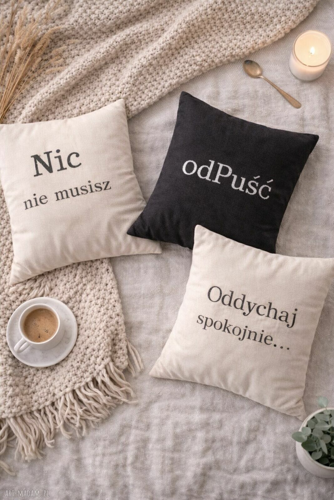 Zestaw 3 poszewek 40x40 'Nic nie musisz - odpuść - Oddychaj spokojnie'