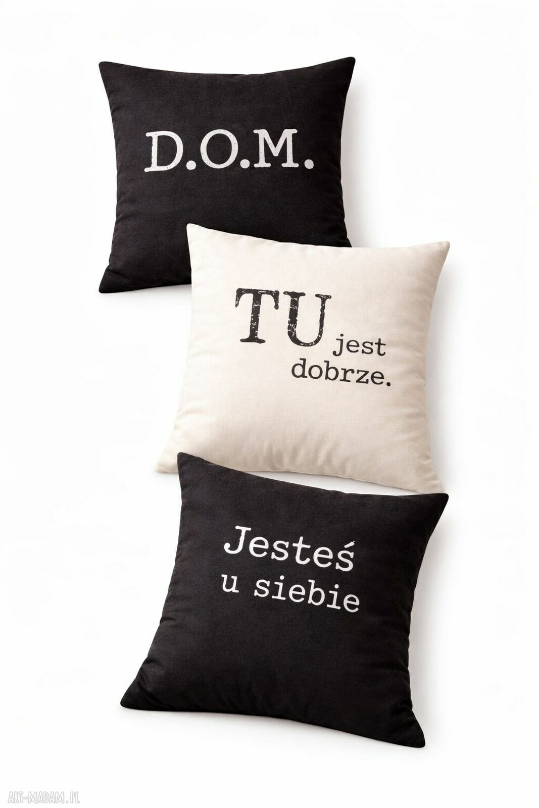 Zestaw 3 poszewek „DOM / Jesteś u siebie / TU jest dobrze” 40x40