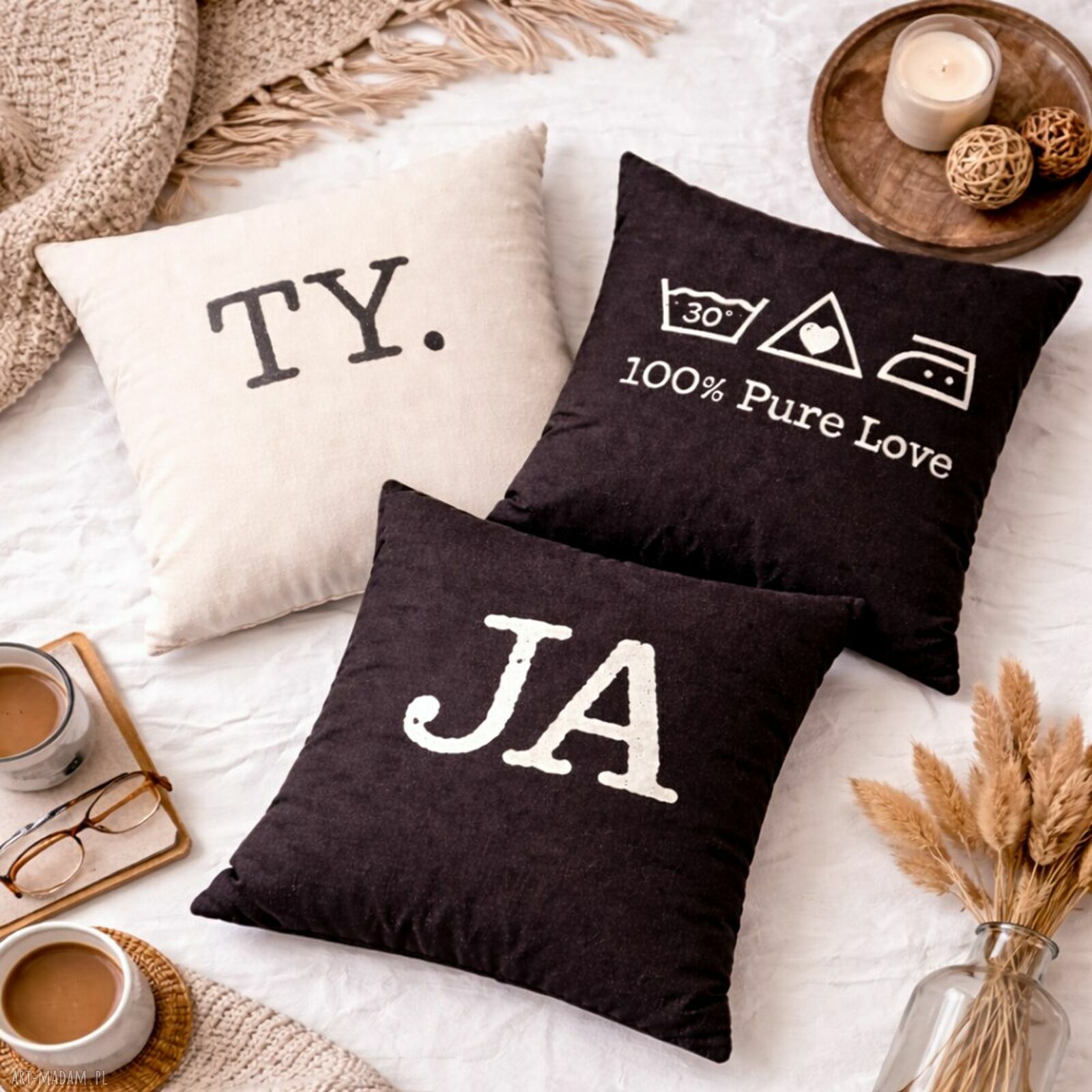 Zestaw 3 poszewek „TY / JA / 100% Pure Love” 40x40 - poduszki dla pary