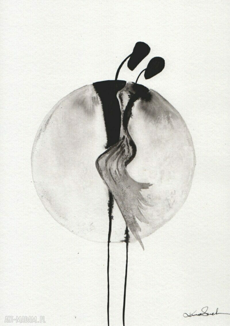 Zestaw 4 grafik 21x30 cm biała abstrakcja ZAM ręcznie malowane tuszem