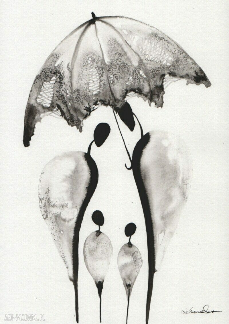 Zestaw 4 grafik 21x30 cm biała abstrakcja ZAM ręcznie malowane tuszem