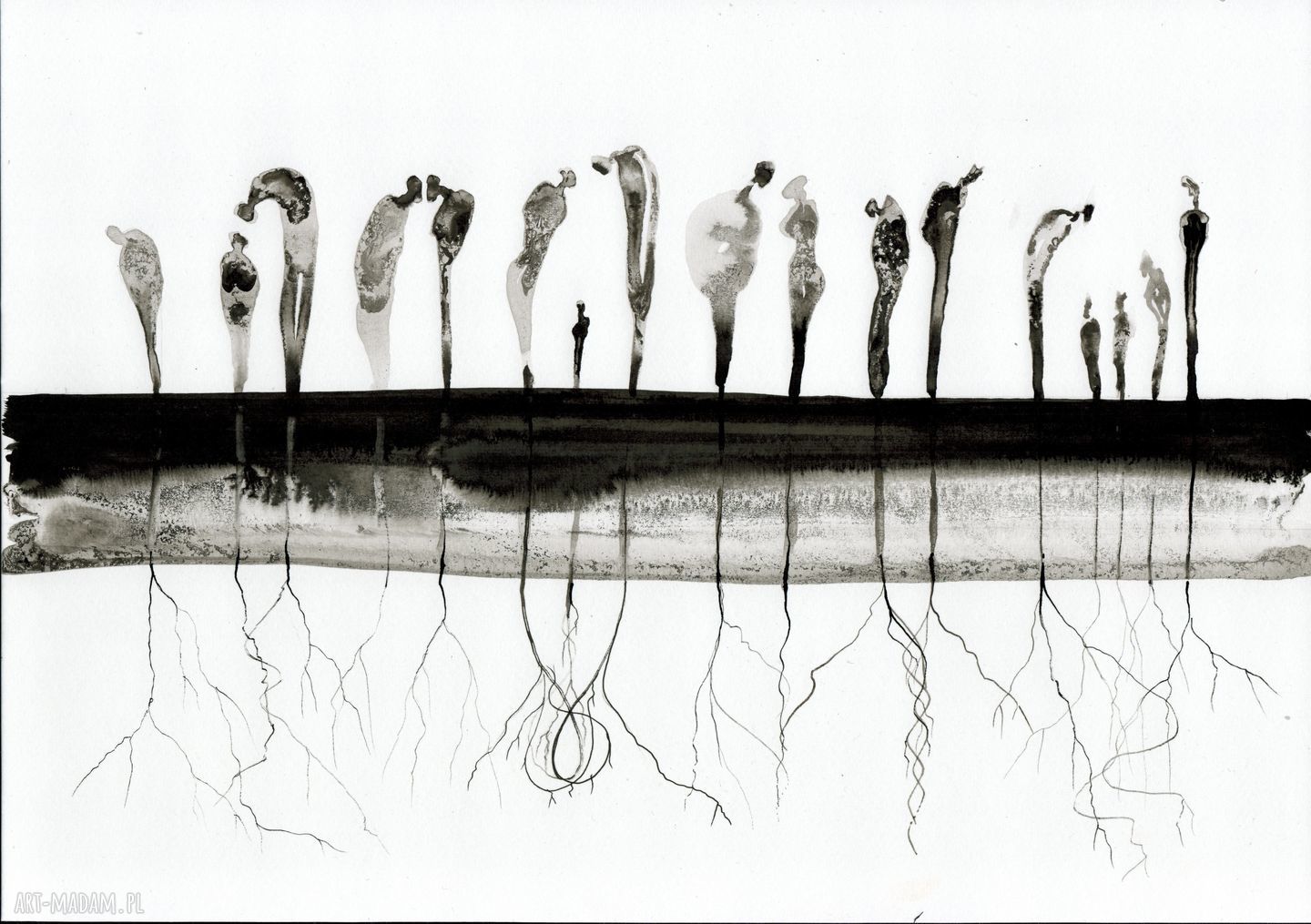Zestaw 7 grafik tuszem czarno białe minimalizm A4, A3 i 50x70