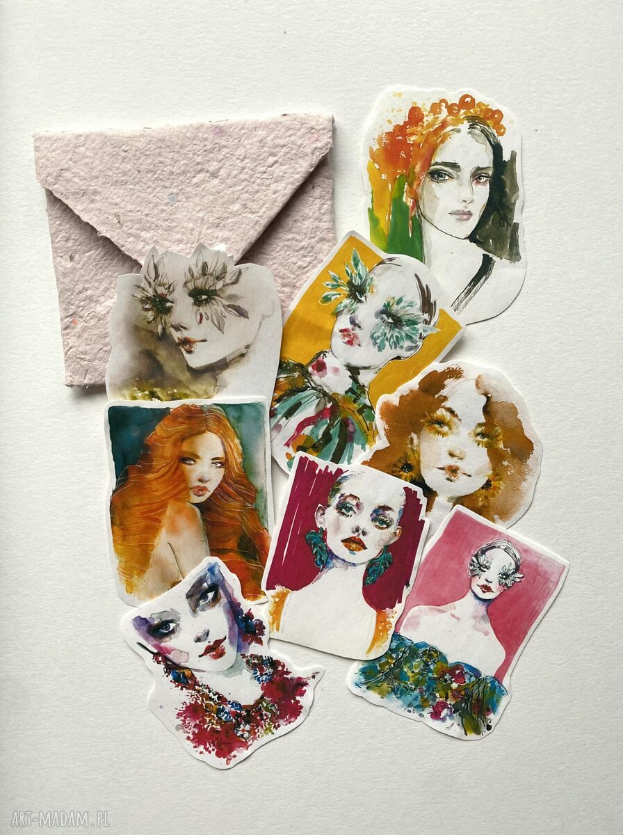 Zestaw 8 naklejek VIBRANT do scrapbooking - ilustracje modowe z kobiecymi portretami (w kopercie z papieru czerpanego)