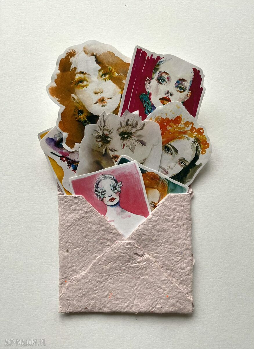 Zestaw 8 naklejek VIBRANT do scrapbooking - ilustracje modowe z kobiecymi portretami (w kopercie z papieru czerpanego)