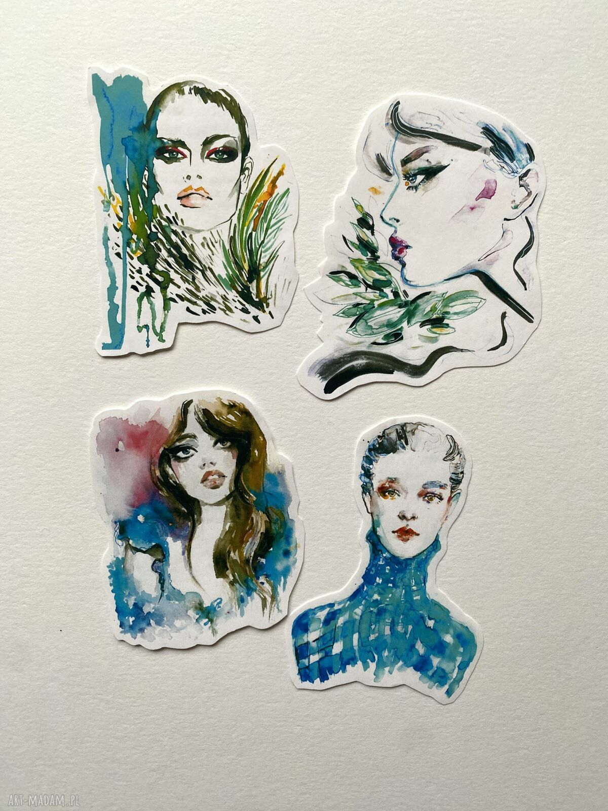Zestaw 8 naklejek TEAL w kopercie z papieru czerpanego - portret kobiety