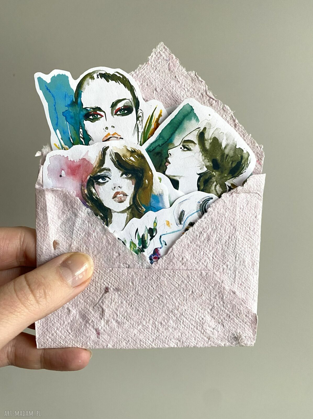 Zestaw 8 naklejek TEAL w kopercie z papieru czerpanego - portret kobiety