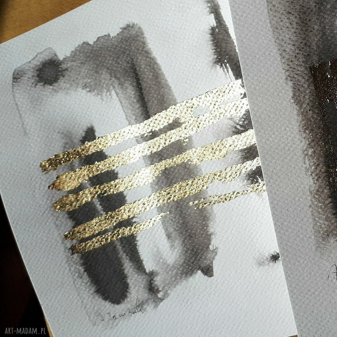 Zestaw abstrakcji 4 x 20 x 20 cm - czarny tusz i złocenia szlagmetalem