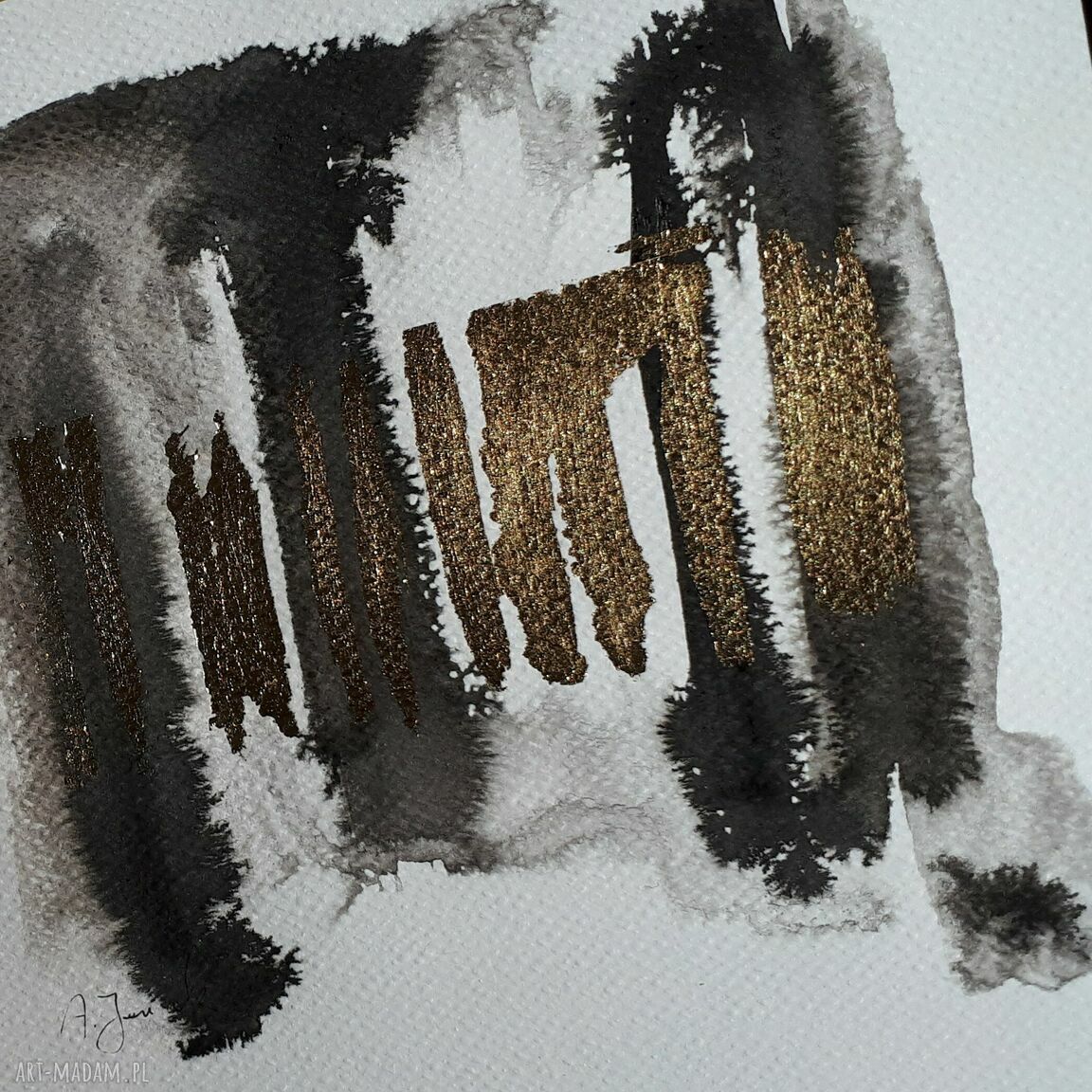 Zestaw abstrakcji 4 x 20 x 20 cm - czarny tusz i złocenia szlagmetalem