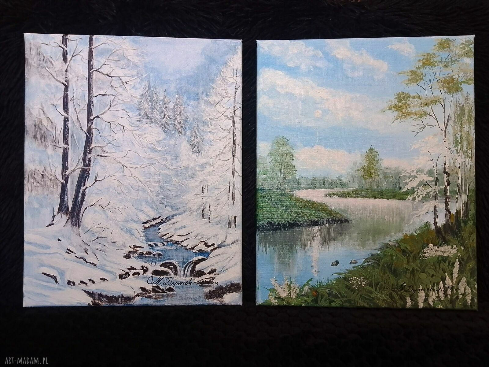 Zestaw akrylowo-olejnych obrazów - dyptyk 'Kontrast Zima-Lato' 2x30x24 cm