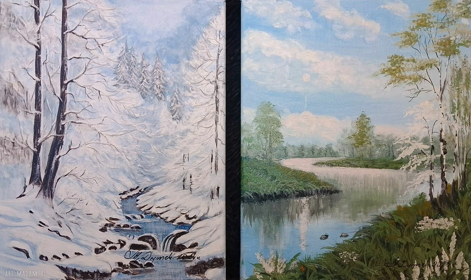 Zestaw akrylowo-olejnych obrazów - dyptyk 'Kontrast Zima-Lato' 2x30x24 cm